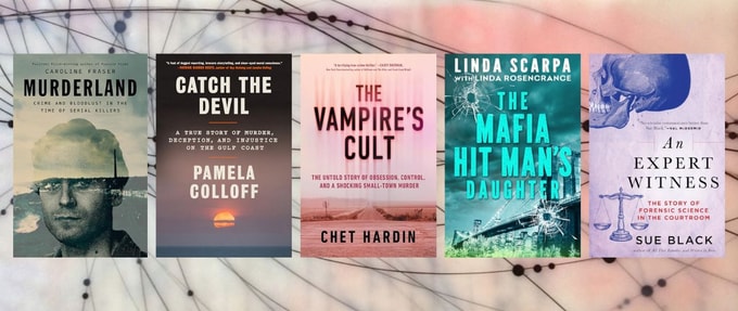 new-true-crime-books_feature 5 book covers from article over pink artwork of waxy black lines