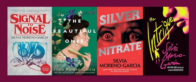 A Primer to Silvia Moreno-Garcia’s Genre-Straddling Bibliography Four Book Covers from Silvia Morena-Garcia against dark pink background