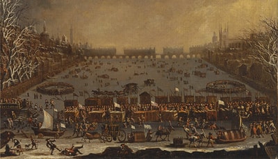 Illustration of a frost fair along the River Thames.