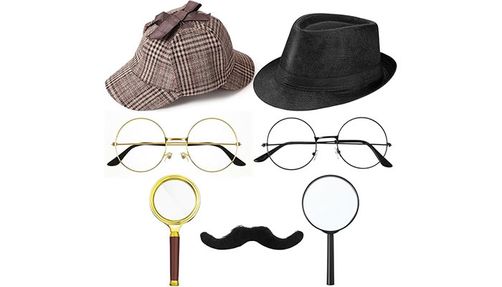 Two hats, two pairs of glasses, two magnifying glasses, and one mustache.