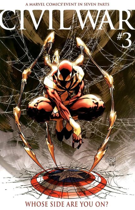 Civil War #3 Michael Turner Variant, featuring the Iron Spider Suit crouched over a web covered Captain America shield.