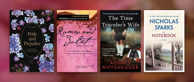 the-best-romance-books-of-all-time_feature Four book covers set against pink grainy background.