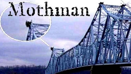 An alleged sighting of Mothman perched atop a bridge.