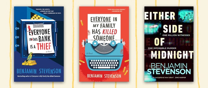 Three book covers set against yellow striped background.