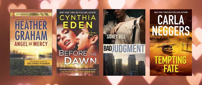 Four thriller romance books over a background of hearts