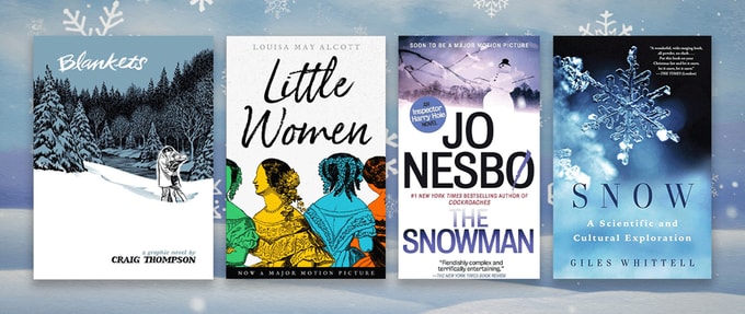 Four book covers set against snowy background.