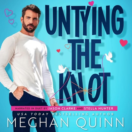 Man in a white long sleeve against a blue background surrounded my hearts and white doves on the cover of Untying the Knot