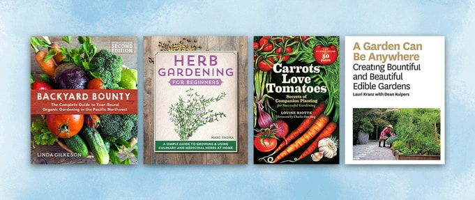 Four book covers set against blue background.
