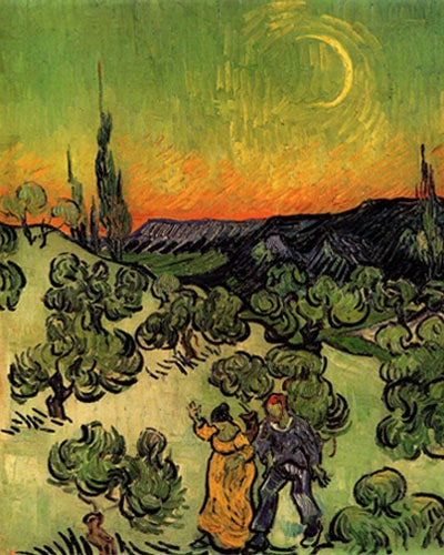 “Couple Walking among Olive Trees in a Mountainous Landscape with Crescent Moon," Vincent Van Gogh, 1890, oil on canvas