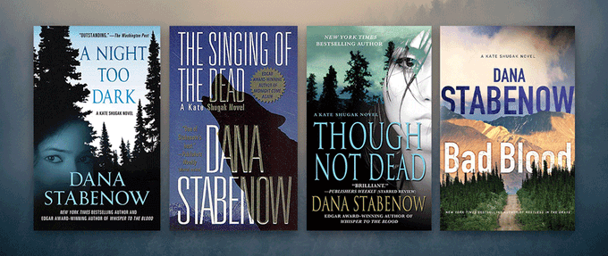 Four Dana Stabenow books set against photo of mountains.