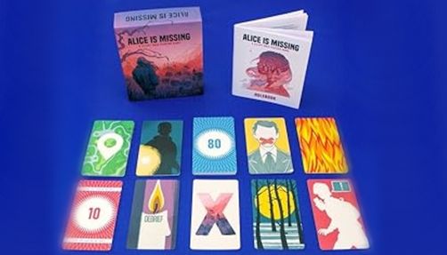 alice-is-missing_mystery-and-thriller-gift-guide-zodiac-sign Alice is Missing, a card game, laid out on a blue background.