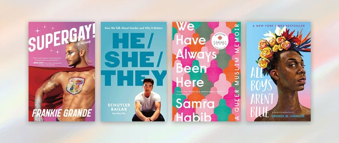 Four book covers set against colorful background.