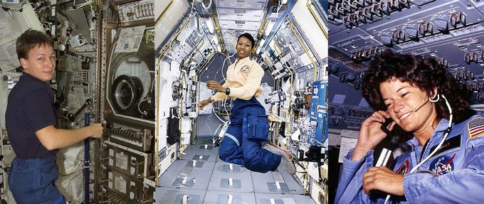 Three photos of women in space