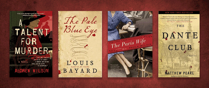 "A Talented Murder," "The Pale Blue Eye," "The Paris Wife," and "The Dante Club" against red background.