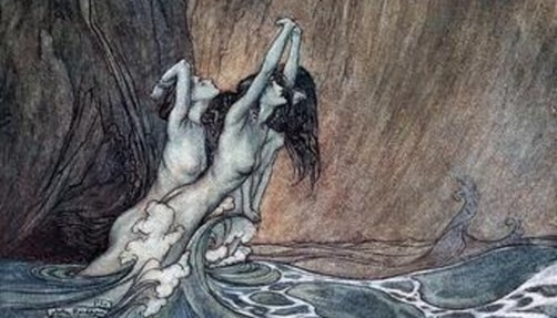 Susulu—mermaid-like creatures—emerging from the sea.