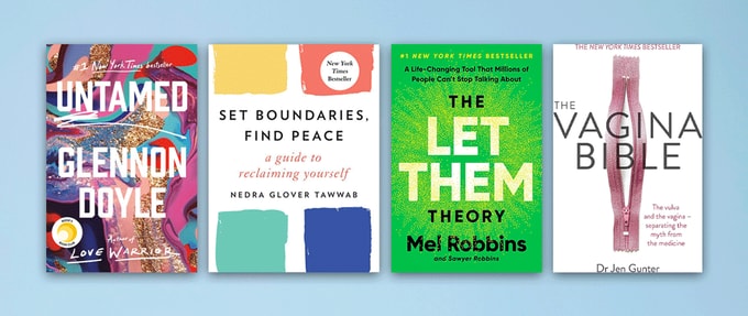 self-help-books-for-women_feature Four book covers set against light blue background.