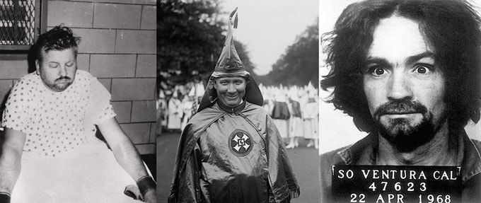 Photos of John Wayne Gacy, Hiram Wesley Evans, and Charles Manson.