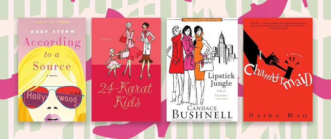Four book covers set against green background with shoes.
