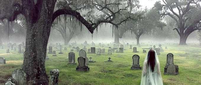 Photo of old cemetery with possible ghost in right corner