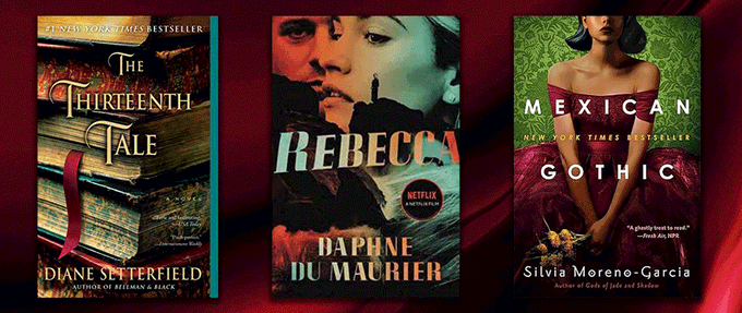 Gothic-mystery-books_feature Covers of 'Rebecca', 'The Thirteenth Tale', and 'Mexican Gothic' over a red background