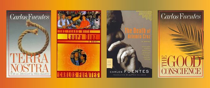 Covers of four Carlos Fuentes books over a orange gradient.