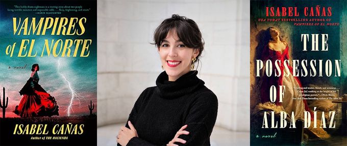 Isabel Cañas and two of her book covers