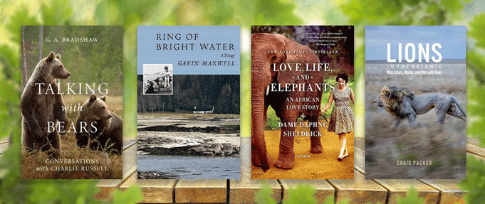 Four animal memoirs set against greenery.