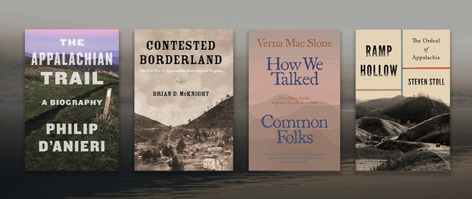 Covers of books about Appalachia set against photo of lake and mountain. 
