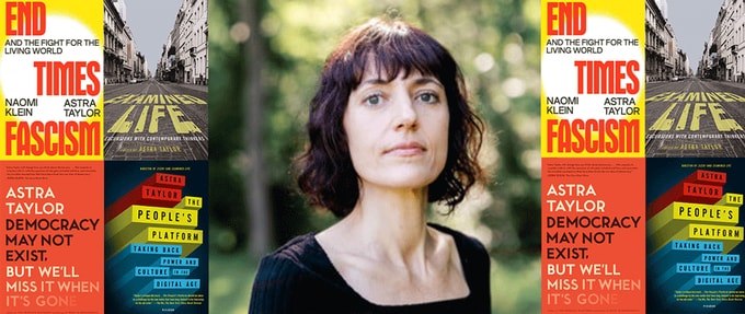 Photo of Astra Taylor next to some of her book covers.