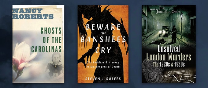 Three book covers set against navy blue background.
