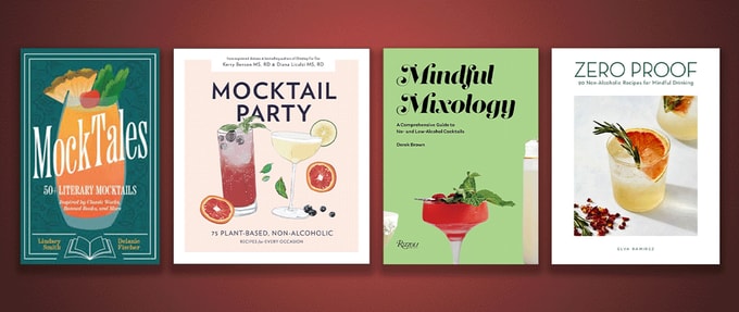 Four mocktail recipe book covers set against red background.