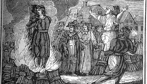 witch-trial-weird-history-facts Drawing of a woman being burned at the stake.