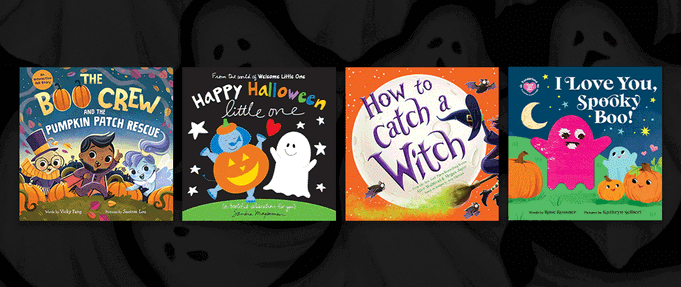 Four covers set against dark background with ghosts.