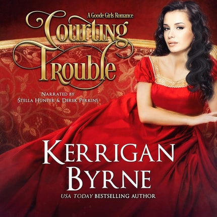 Woman with dark hair in a red gown on the cover of Courting Trouble