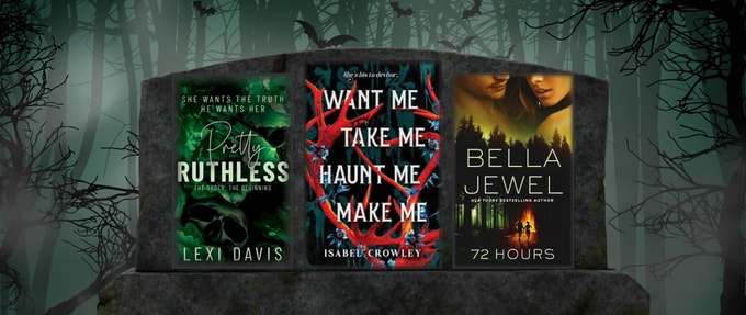 three book collage against a gravestone and dark forest background