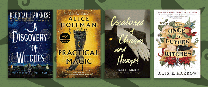 Four witchy books set against green background.