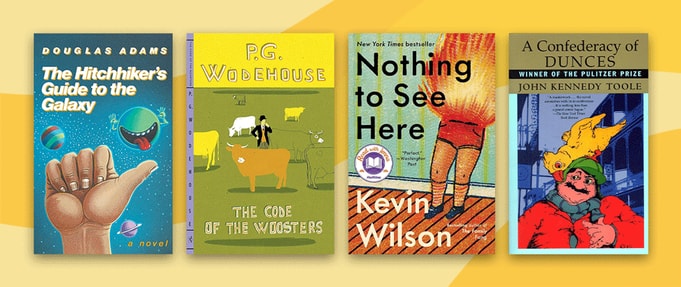 Four funny books set against yellow background.
