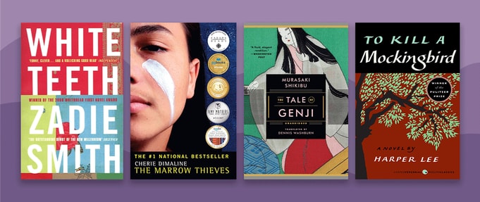 Four books by women set against purple background.