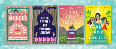 Four book covers set against blue sparkly background.