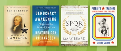 Photos of books written by public historians against green background