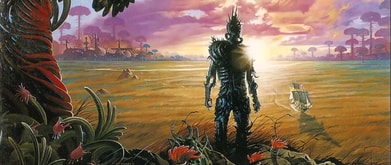 cover of hyperion shows a robotic man watching a ship sail through fields over a sunset