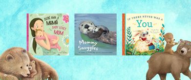 Covers of three books on this list, plus art of mama and children bears, over a blue background