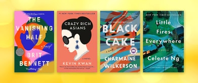 Four book covers against yellow background.