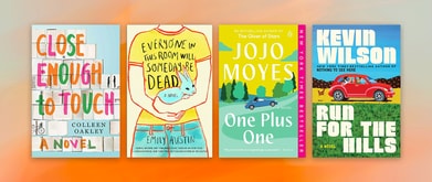 Four book covers set against orange background.