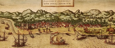 Image of Calicut, India from Georg Braun and Frans Hogenberg's atlas Civitates orbis terrarum, 1572.