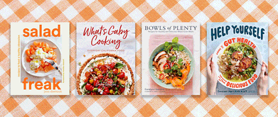 Covers of "Salad Freak," "What's Gaby Cooking," "Bowls of Plenty," and "Help Yourself" set against orange gingham background.