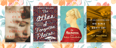 Covers of "Country of Red Azaleas," "The Atlas of Forgotten Places," "The Anchoress," and "Big Girls Don't Cry" set against a floral background.