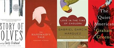 Covers of "History of Wolves," "Handmaid's Tale," "Love in the Time of Cholera," and "The Quiet American."