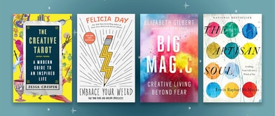 Creativity books set against blue background. 