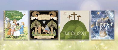 Four children's bible books set against photo of field.